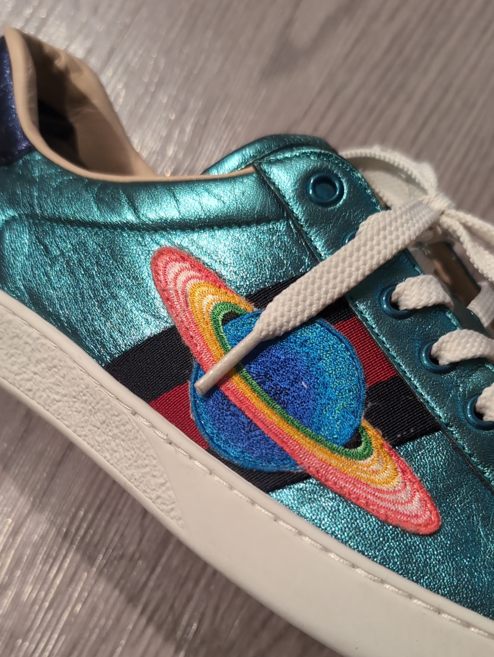 Mens Gucci Ace Metallic Teal Low-Top Sneakers Saturn Patch (Fits 11) - Picture 7 of 7